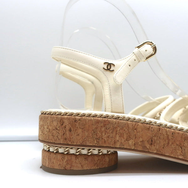 Chanel Cork Platform Sandals Cream Chain-Trim Leather Size 37.5 CC Ankle  Strap