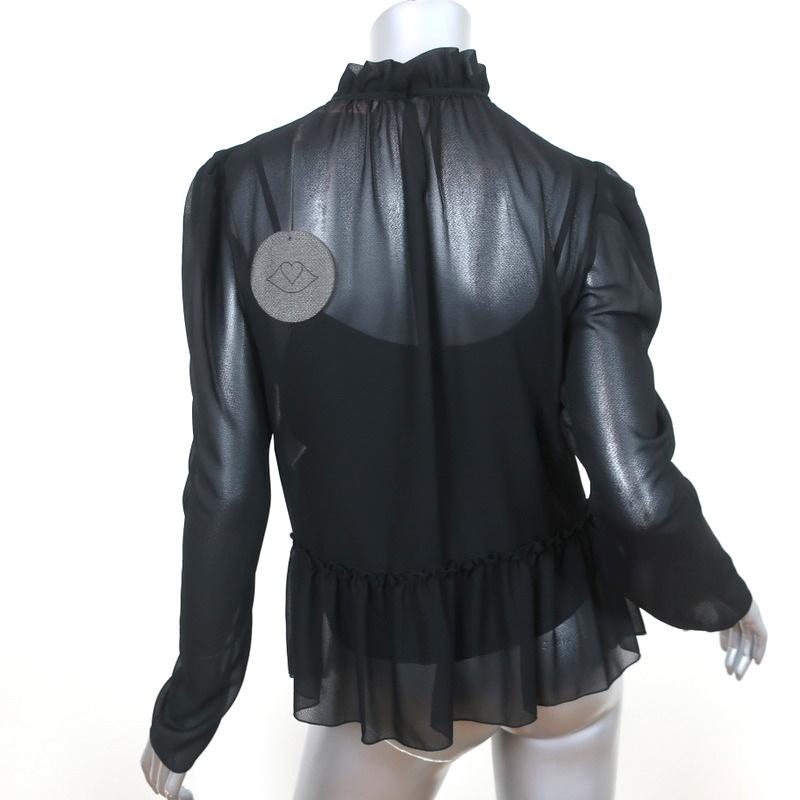 See by Chloe Ruffled High Neck Blouse Black Chiffon Size 38 Long Sleeve Top NEW