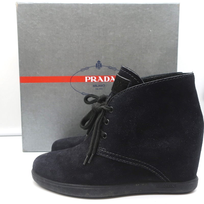 Prada Linea Rossa Desert Wedge Boots Black Suede Size 39 Lace-Up Booties