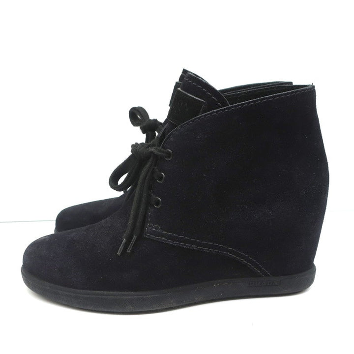 Prada Linea Rossa Desert Wedge Boots Black Suede Size 39 Lace-Up Booties