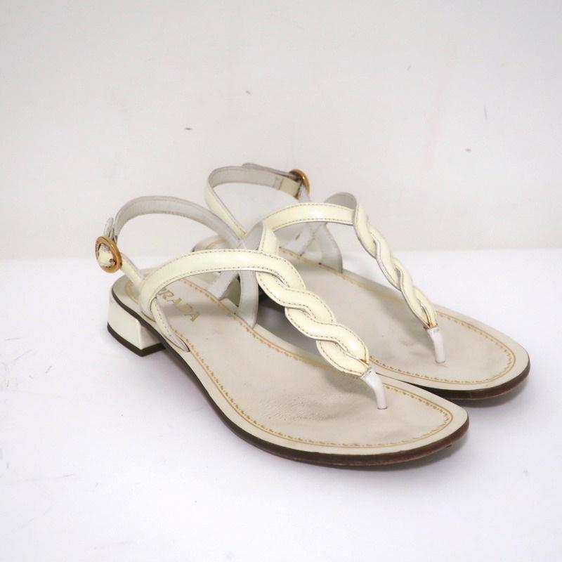 Prada Braided Thong Sandals Cream Patent Leather Size 37.5