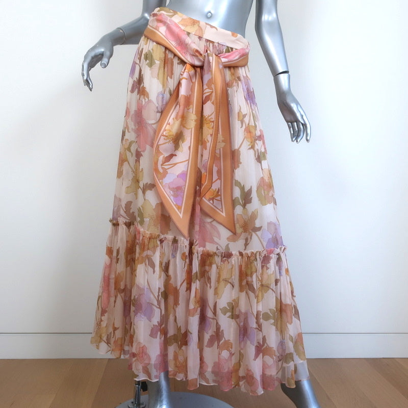 Zimmermann Tempo Maxi Skirt Rainbow Peonies Print Silk Georgette Size 2