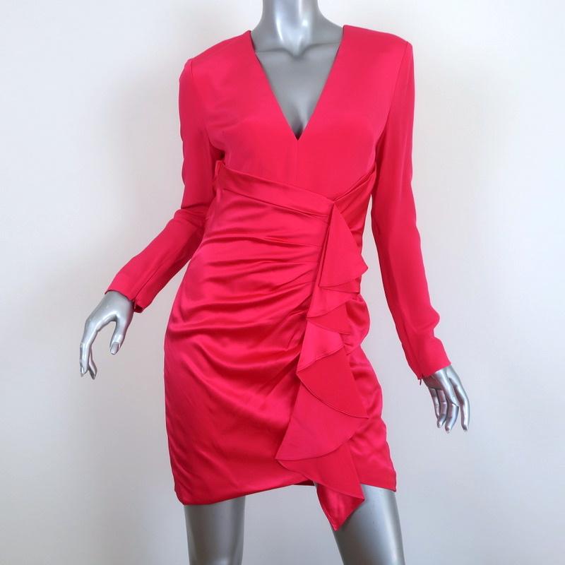 Haney Mini Dress Lilly Hot Pink Ruffled Crepe & Satin Size 4 Long Sleeve New Haney Mini Dress Lilly Hot Pink Ruffled Crepe & Satin Size 4 Long Sleeve New