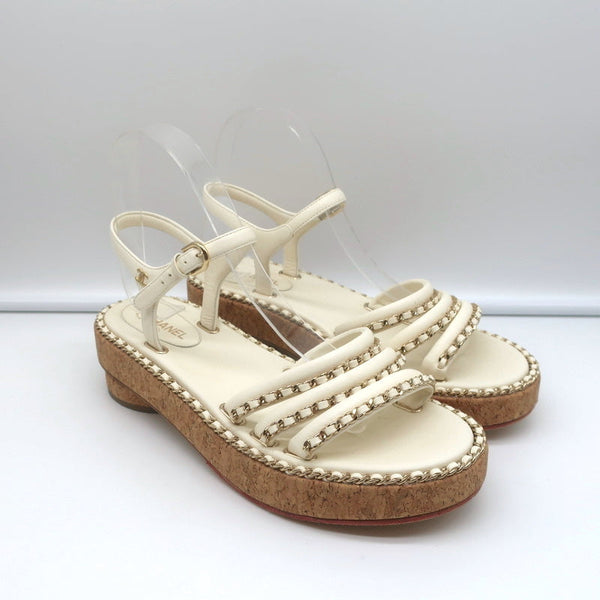 Chanel Cork Platform Sandals Cream Chain-Trim Leather Size 37.5