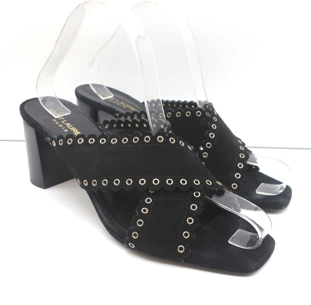Saint Laurent Loulou Slide Sandals Black Eyelet-Trim Suede Size
