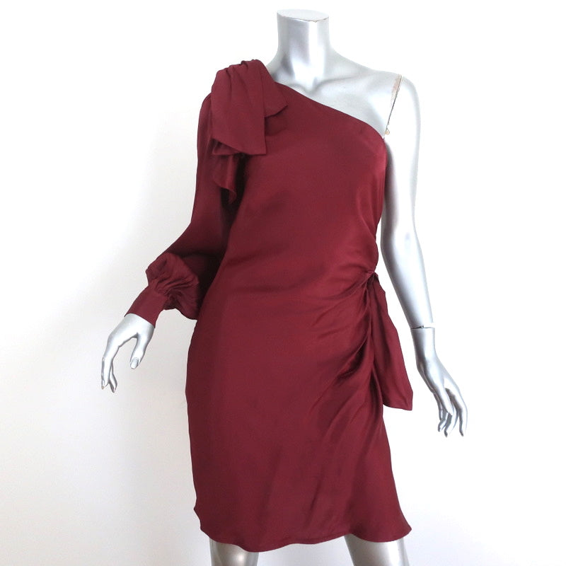 Zimmermann One Shoulder Bow Mini Dress Maples Burgundy Satin Size 1 Lo Celebrity Owned Zimmermann One Shoulder Bow Mini Dress Maples Burgundy Satin Size 1 Lo Celebrity Owned