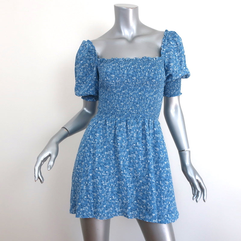 Reformation Mini Dress Elle Blue Floral Print Smocked Crepe Size 2 Puff Sleeve Reformation Mini Dress Elle Blue Floral Print Smocked Crepe Size 2 Puff Sleeve