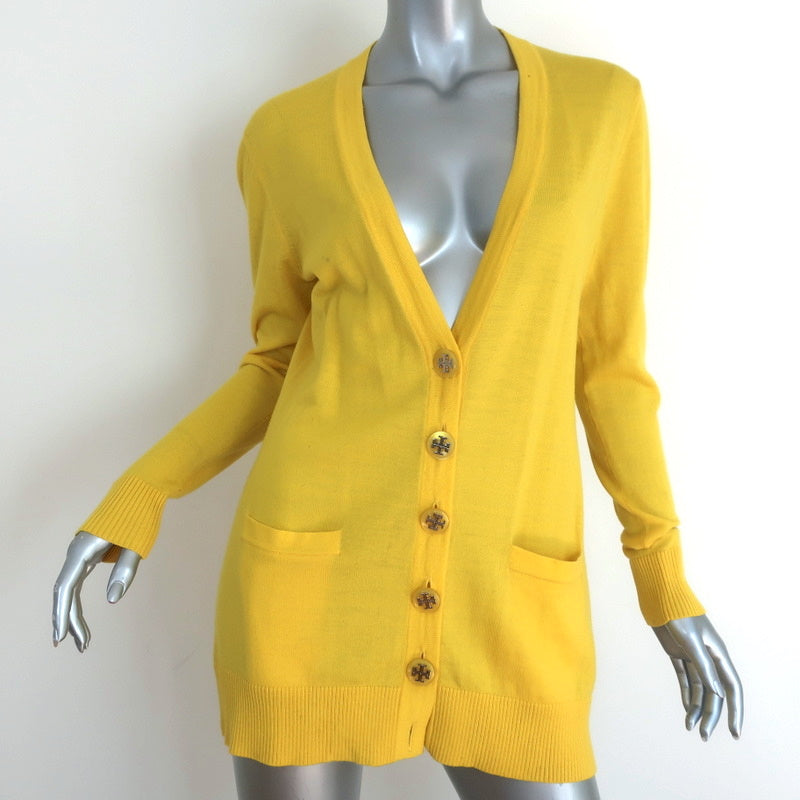 Tory Burch Cardigan Ainsley Yellow Wool Size Medium V-Neck Sweater