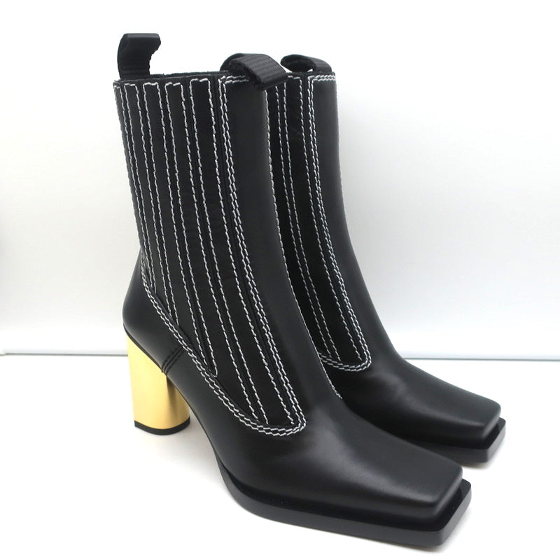 Proenza Schouler Gold Heel Chelsea Boots Black Leather Size 36.5 NEW Celebrity Owned