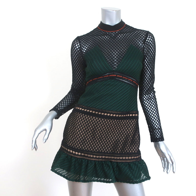 Self-Portrait Ruffled Hem Mini Dress Forest Green & Black Fishnet Size Celebrity Owned Self-Portrait Ruffled Hem Mini Dress Forest Green & Black Fishnet Size Celebrity Owned