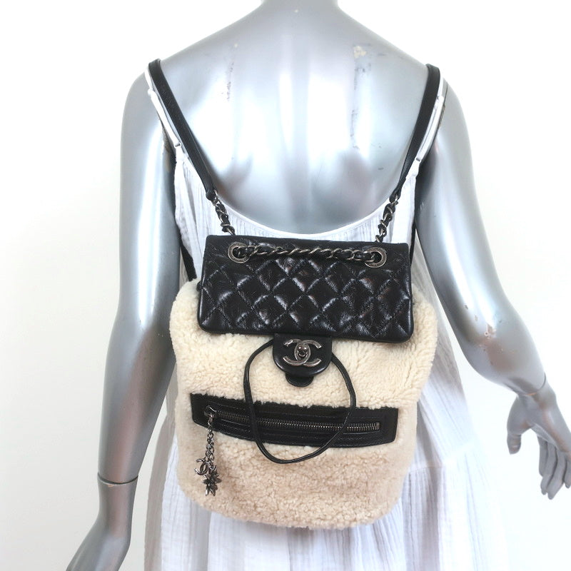 cream and black leather backpack Chanel Small Mountain Backpack Cream Shearling & Black Quilted Leather – Celebrity Owned