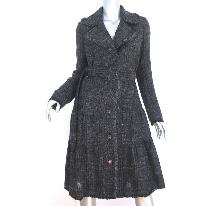 Stacy Sterman Burberry London Tiered Coat Black Sequined Tweed Size US 6 Belted Jacket
